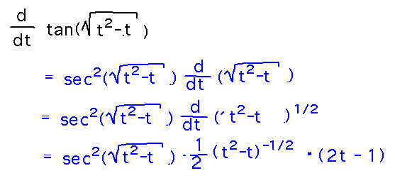 d/dx( tan(sqrt(t^2-t)) ) via nested uses of the chain rule.