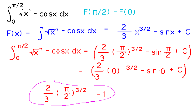 F(x) = 2/3 x^(3/2) - sinx so integral = 2/3 (pi/2)^(3/2) - 1