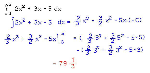 Integral from 3 to 5 of 2x^2+3x-5 = 2/3 x^3 +3/2 x^2 - 5x evaluated from 3 to 5 = 79 1/3