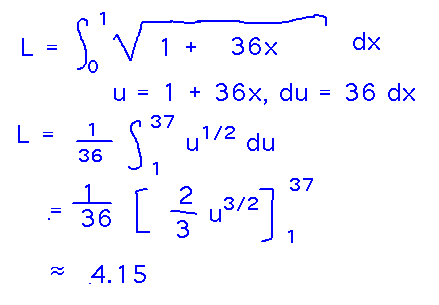 Integral from 0 to 1 of sqrt(1+36x) approximately equals, via substitution u = 1+36x, 4.15