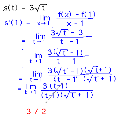 Limit as x approaches 1 of (3sqrt(x) - 3sqrt(1))/(x-1) = 3/2.
