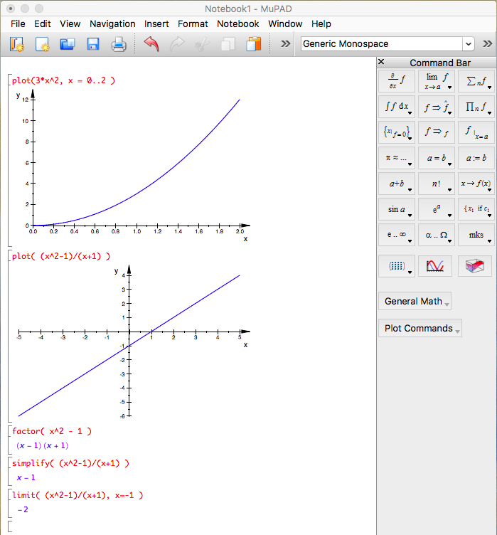 muPad's plot command draws graphs, factor factors polynomials, simplify simplifies them, limit find limits