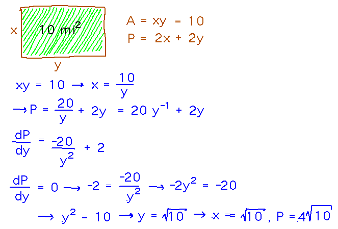 With sides y and x = 10/y, dP/dy = 2 - 20/y^2 = 0 at y = sqrt(10) 