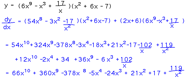 f'g+g'f = (54x^8-3x^2-17/x^2)(x^2+6x-7) + (2x+6)(6x^9-x^3+17/x)