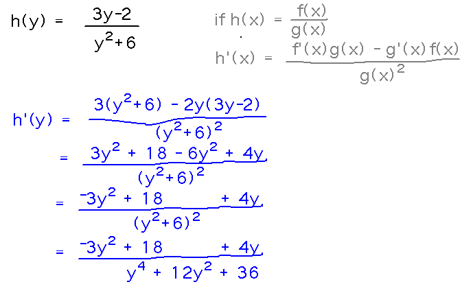 (f'g-g'f)/g^2 = (3(y^2+6)-(2y(3y-2))/(y^2+6)^2