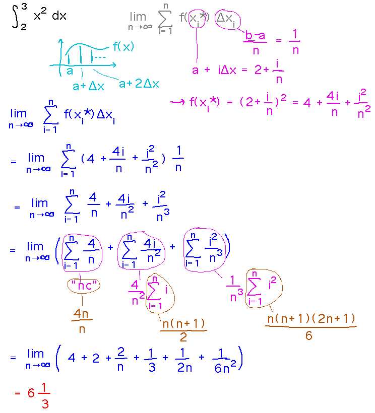 Integral from 2 to 3 of x^2 solved as sum by factoring out constants and using sum of powers rules