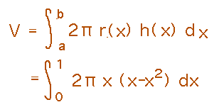 V = integral from 0 to 1 of 2pi x (x-x^2)