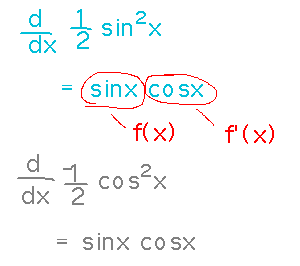 d/dx( 1/2 sin^2(x) ) = sinx cosx = d/dx( -1/2 cos^2(x) )