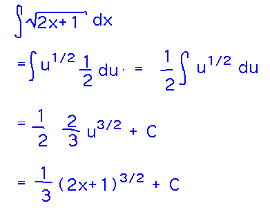 Integral of sqrt(2x+1) = 1/2 integral of u^(1/2) = 1/3 (2x+1)^(3/2) + C