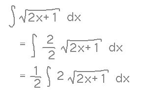 Integral of sqrt(2x+1) = integral of 2/2 sqrt(2x+1) = 1/2 integral of 2 sqrt(2x+1)