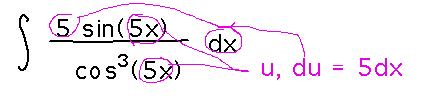Integral of 5sin(5x)/cos^3(5x) with u = 5s, du = 5dx