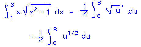 Integral from 1 to 3 of x sqrt(x^2-1) = 1/2 integral from 0 to 8 of u^(1/2)