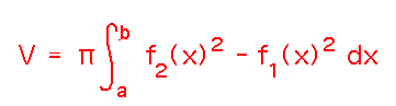 V = pi times integral from a to b of f_2(x)^2 - f_1(x)^2