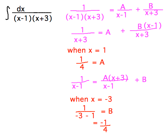 When x=1, A = 1/4; when x=-3, B = -1/4