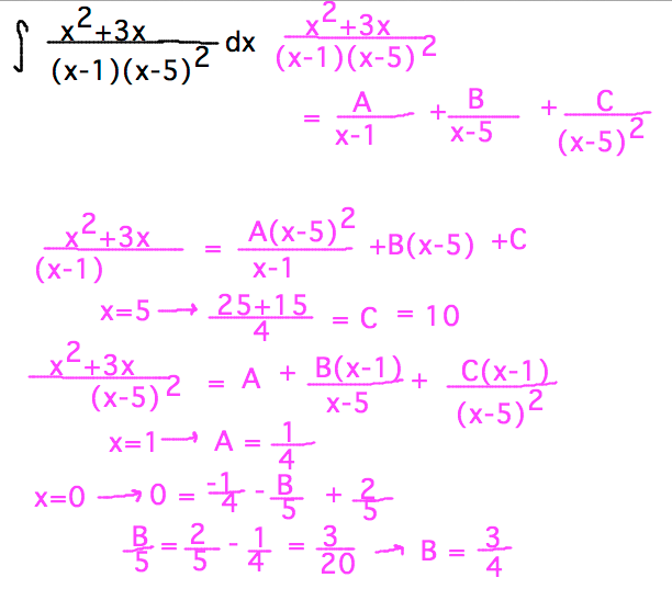 Setting x = 5 implies C = 10; x = 1 implies A = 1/4; x = 0 implies B = 3/4