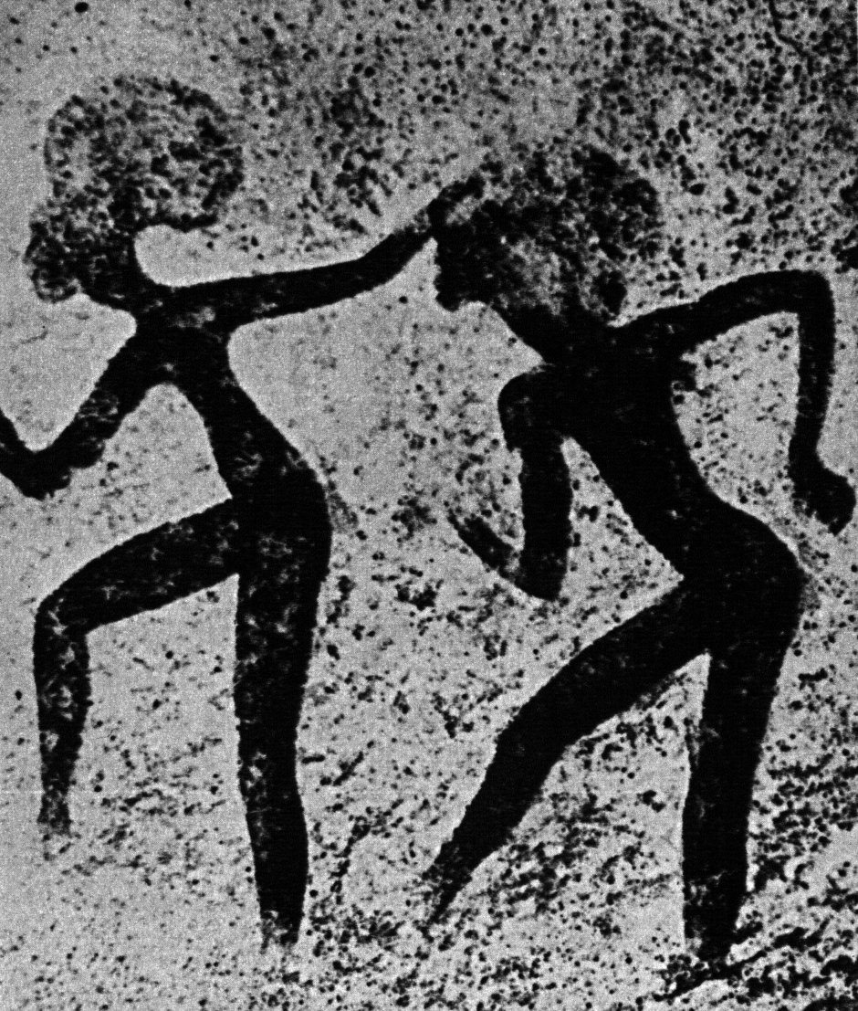 cave painting with 2 dancing, masked figures
