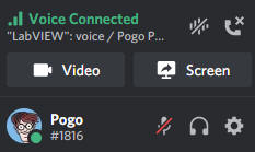 Mini-screenshot from Discord, showing options for user accounts. Specific options are hang-up, video, screen, mute myself, mute others, and set properties.